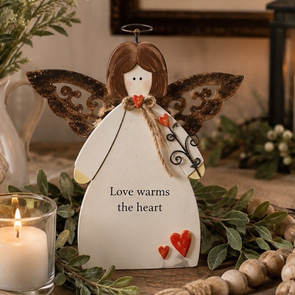 Russ Berrie Wood Angel Figurine Love Warms The Heart Rustic Metal Wings FolkArt